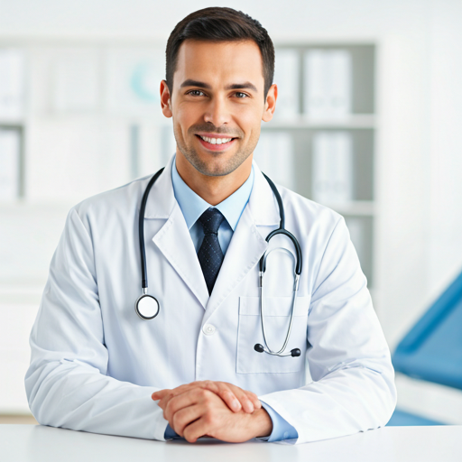 professional medical doctor in a clean modern clinic setting smiling warmly at the camera